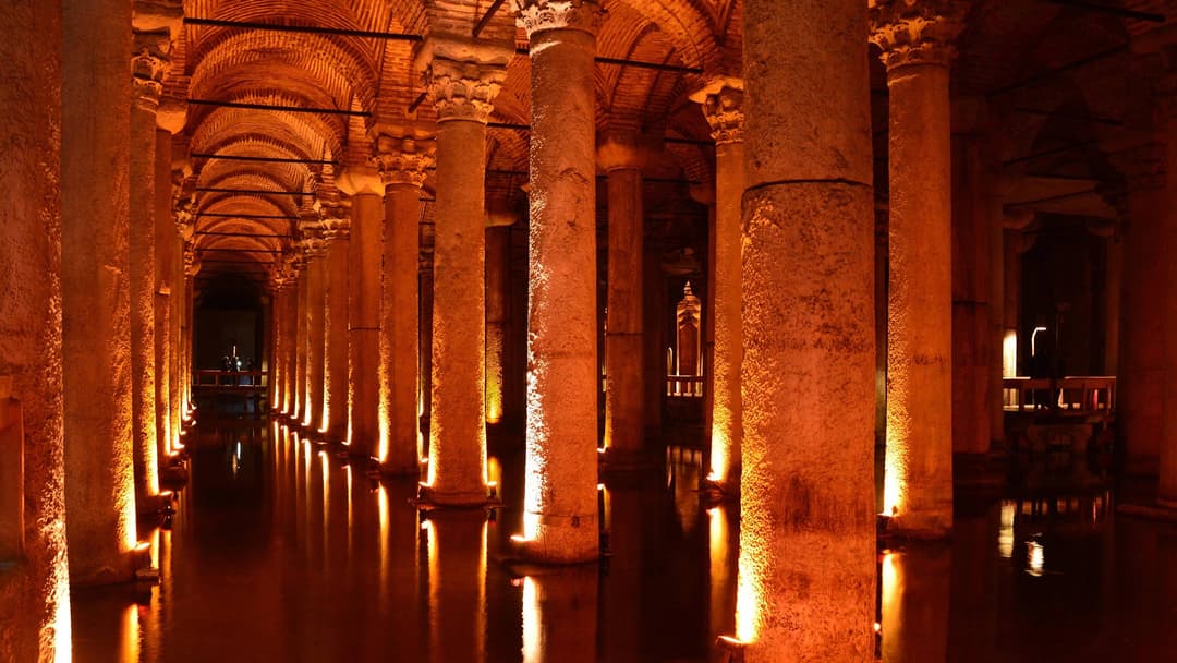 Tall columns inside the ancient underground water reservoir of Istanbul, named Basilica Cistern