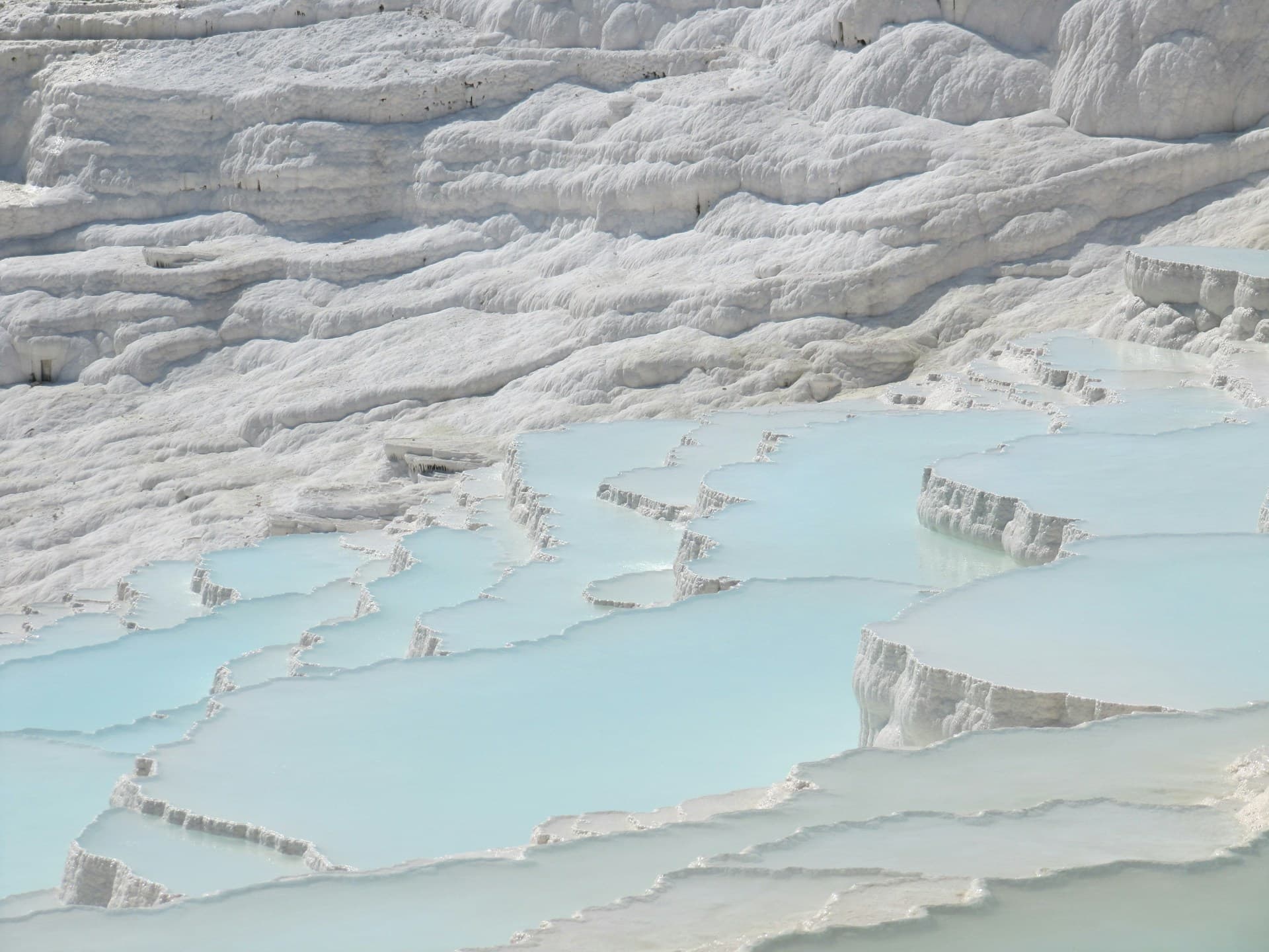 The travertines, natural shallow pools with walls formed of calcium found inside the thermal waters of Pamukkale